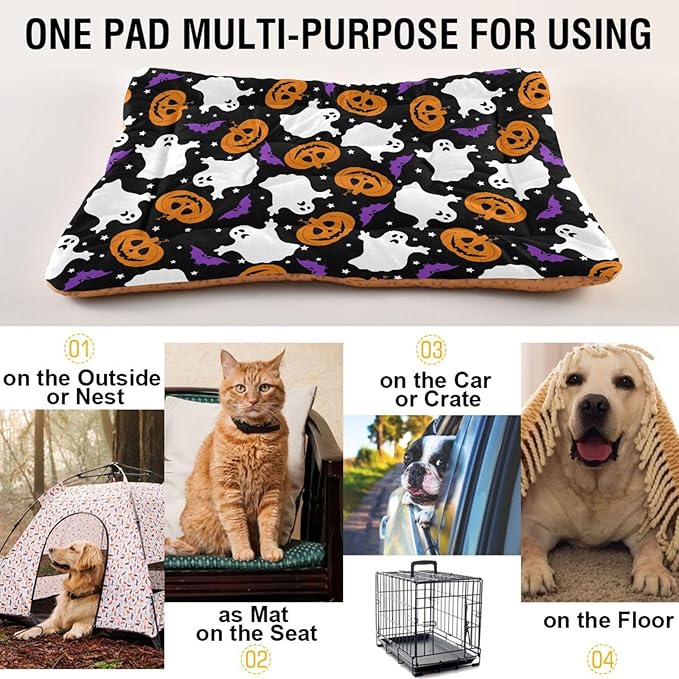 Halloween Ghost Bat Pumpkin Pet Bed Cute Dog Bed Mat Absorbing Non Slip Pad Pet Sleeping Mat for Small, Medium, and Large Dogs Puppy Cat 24 in x 18 in