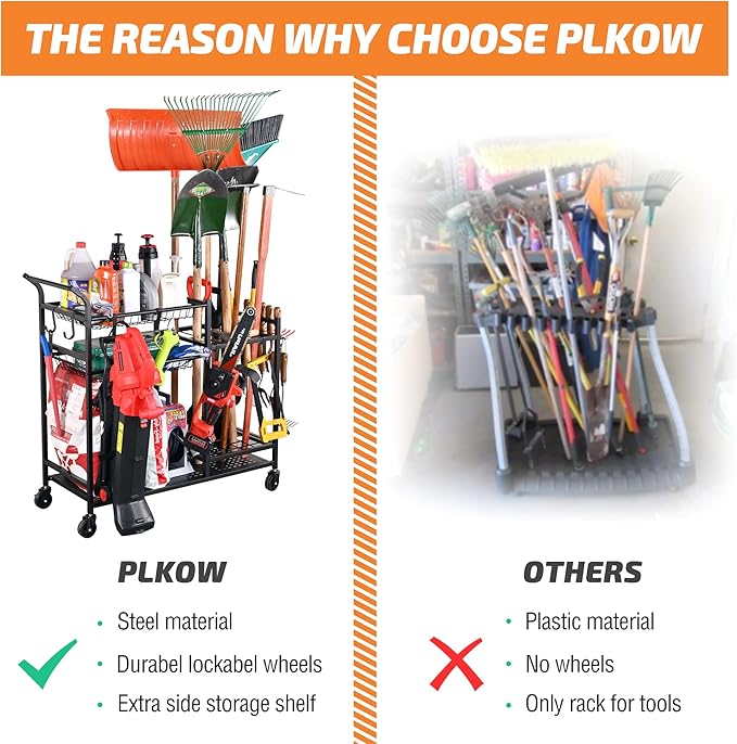 PLKOW Garden Tool Organizer with Wheels, Garden Tool Rack, Yard Tool Holder for Rakes, Shovel, Fertilizer, Garden Tool Storage for Garage, Shed, Outdoor