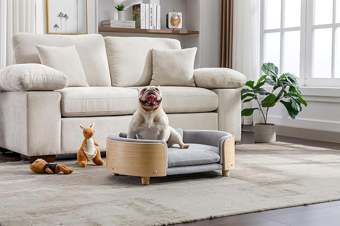 Dog Crate Furniture Elevated Pet Sofa Bed with Solid Wood Legs - Mid Size Indoor Dog House Kennel Cage for Medium Dogs,LIGHTGREY
