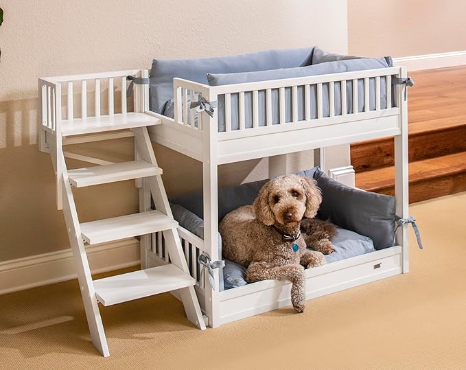New Age Pet ECOFLEX Aspen Dog Bunk Bed in Antique White, Memory Foam Cushions, Wide Stairs, Non Toxic, Easy Assembly