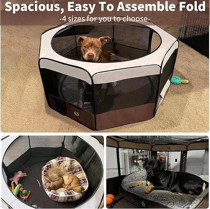 DONORO Dog Playpen Portable Pet Play Pens for Small Dog/Cat/Rabbit/Chicks, Cat Playpen Indoor/Outdoor with Carring Case, Removable Zipper Top and Bottom (Brown, Medium (35"x35"x20"), 8)