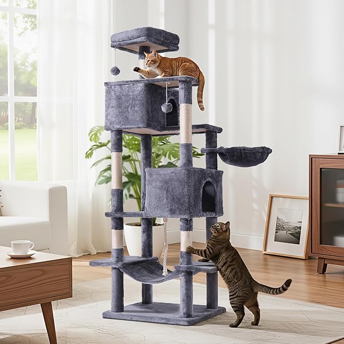 Cat Tree for Indoor Cats, 66 Inches Cat Tower with Scratching Post, Multi-Level Climbing Tree Cat House Padded Plush Perch, Cat Condo Activity Center with Pompoms, Kittens Pet Play House, Dark Gray