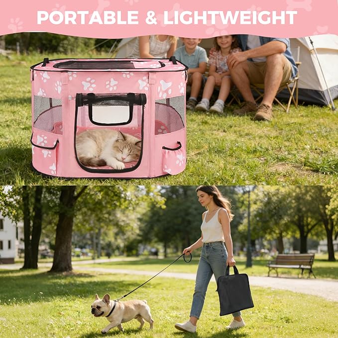 Homimp Portable Pet Playpen for Indoor Cats & Puppies, Foldable Dog Playpen Outdoor Tent Crate Cage with Pee Pad & Carry Bag, Pet Crate with Mesh Sides for Small Animals Travel, Pink M
