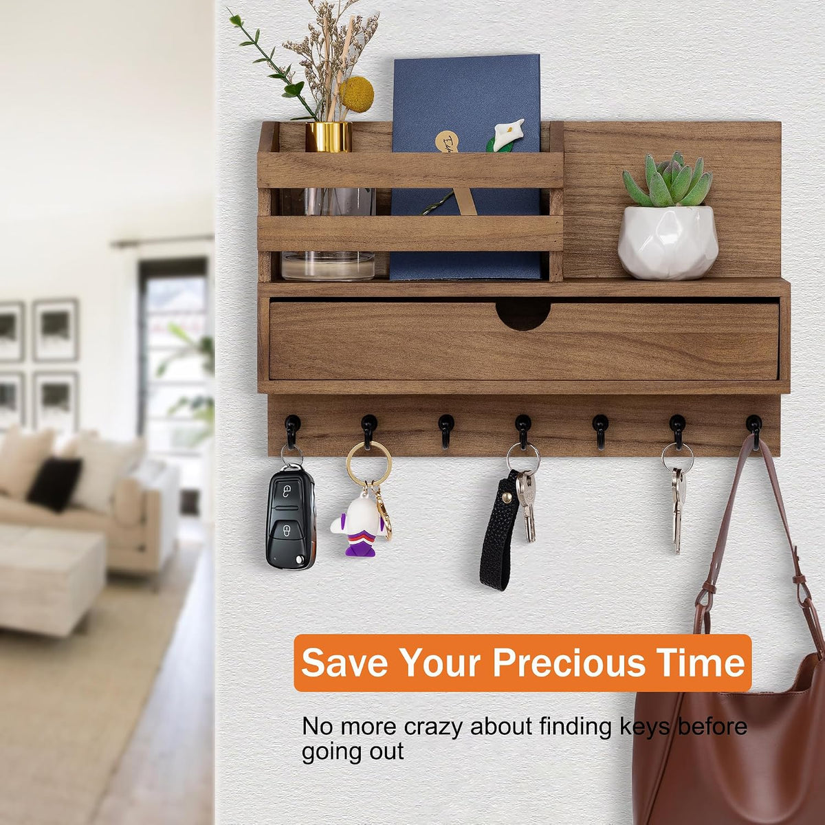 Key Holder Wall Mount, Mail Organizer with 7 Hooks and Storage Drawer