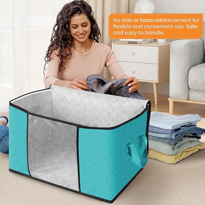Fab totes 24 Gallons Clothes Storage, Foldable Thick Fabric Blanket Storage Bags, Containers for Organizing Bedroom, Closet, Clothing, Comforter, Organization with Handle (3 Pack,Green)
