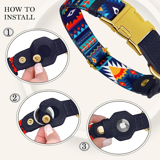 AirTag Dog Collar for Small Medium Large Breed - Adjustable Cute Pattern Dog Collar with Airtag Holder - Soft Leather Tracker GPS Apple Air Tag Pet Collars (Large, 17"-21" Neck Fit, Navajo)