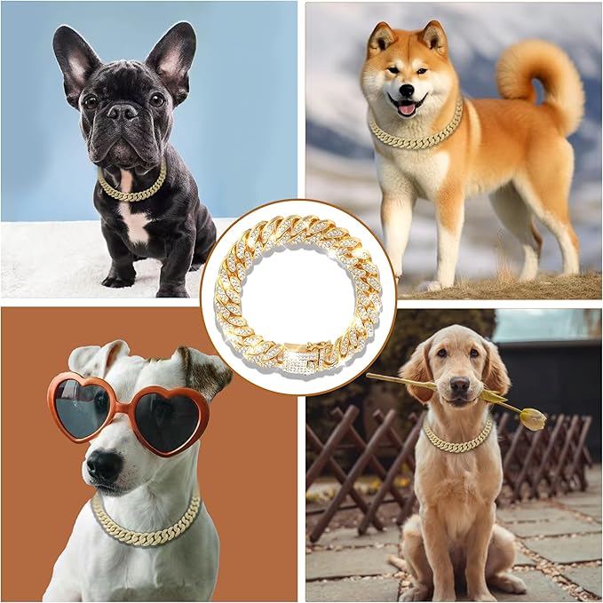 Dog Chain Designer Gold Crystal Pet Collar Cuban Link Chain with Secure Buckle Luxury Adjustable Necklacefor Small Medium Large Dogs Cats(Glod 16inch)