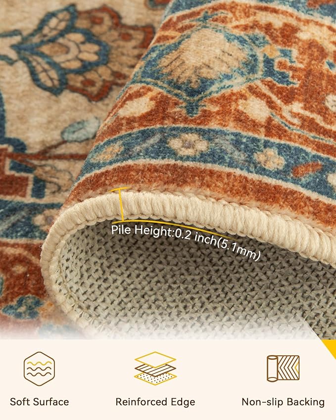 RELEANY Area Rugs 6'x8' Washable Non-Slip, Floral Vintage Distress Medallion