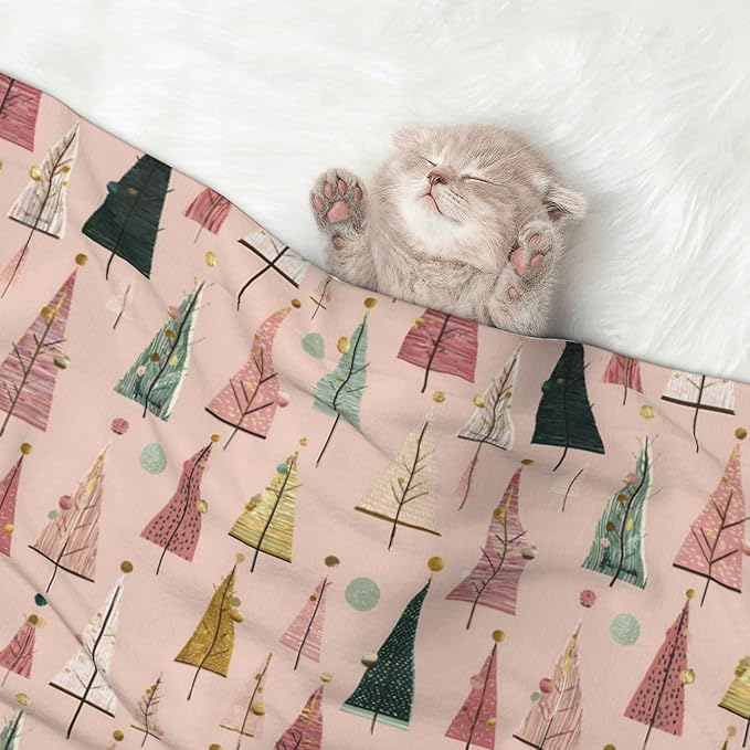 Waterproof Dog Blanket Soft Pet Blanket for Puppy Cat, Fleece Cat Throw Blankets for Furniture Bed Couch Sofa Reversible - Pastel Christmas Trees On Pink 5