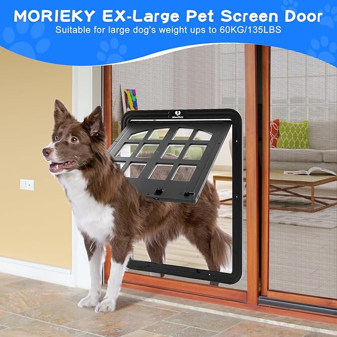 Large Dog Screen Door, 13 x 17 inches Flap Opening Dog Door for Screen Door with 4 Entry Ways, Magnetic Self-Closing Pet Screen Door for Dogs Cats, Black