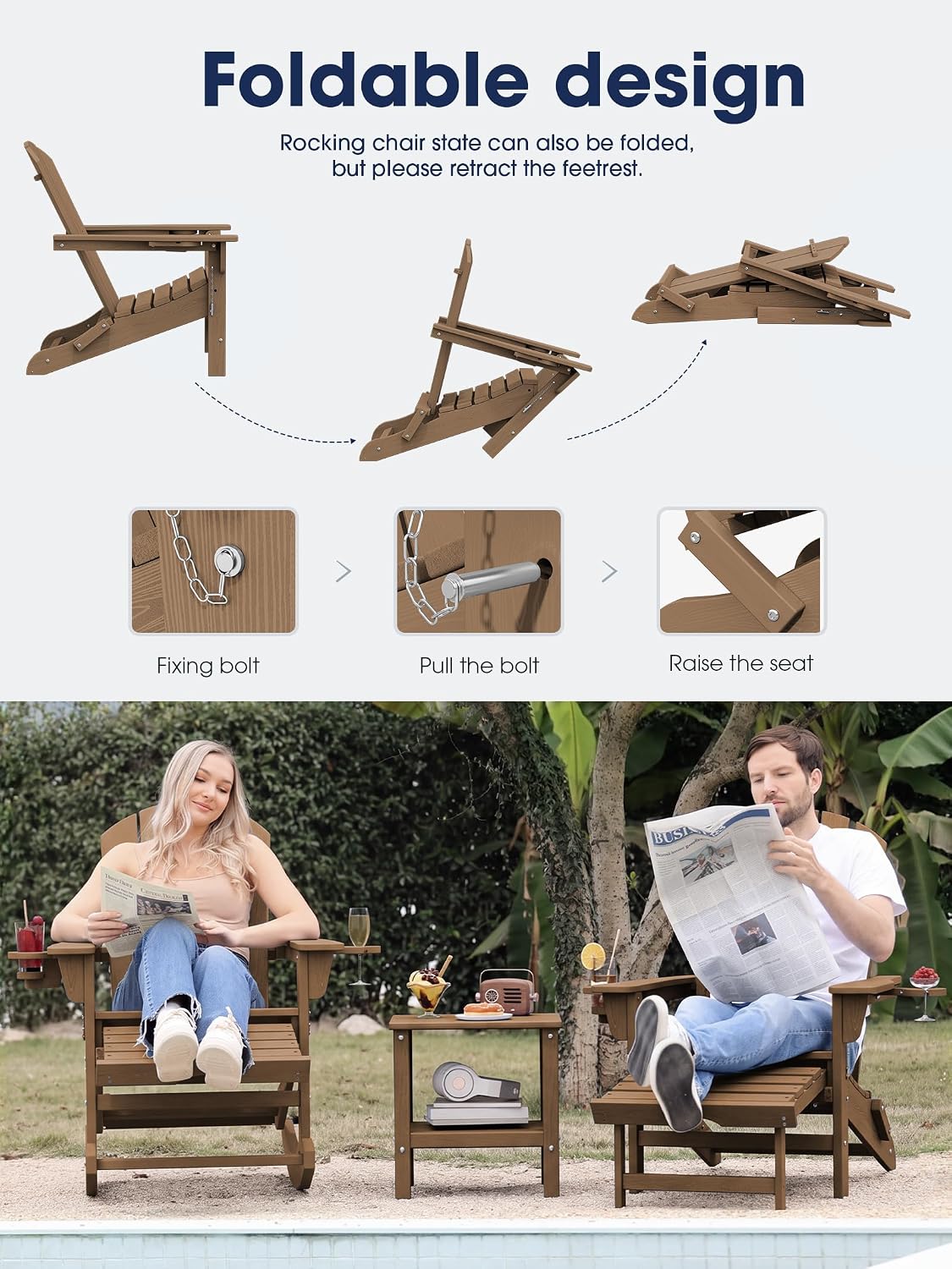 KINGYES HDPE Adirondack Rocking Chair with Footrest and Cup Holders