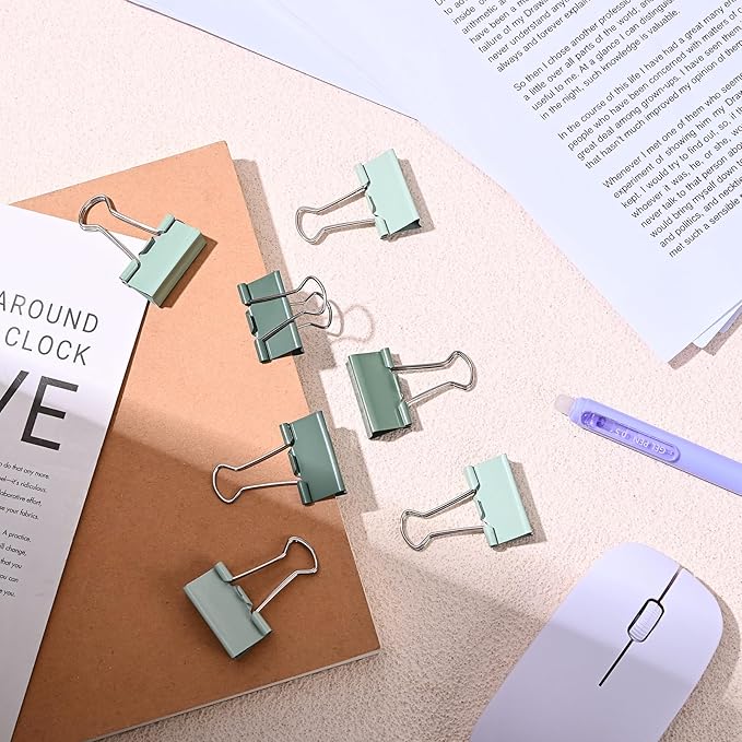 Temiary Aesthetic Binder Clips, 60 Pcs 0.6 Inches Small Metal Binder Clip with Clear Storage Container, Binding Paperwork Clamps for School Teachers Office Supplies (Green)