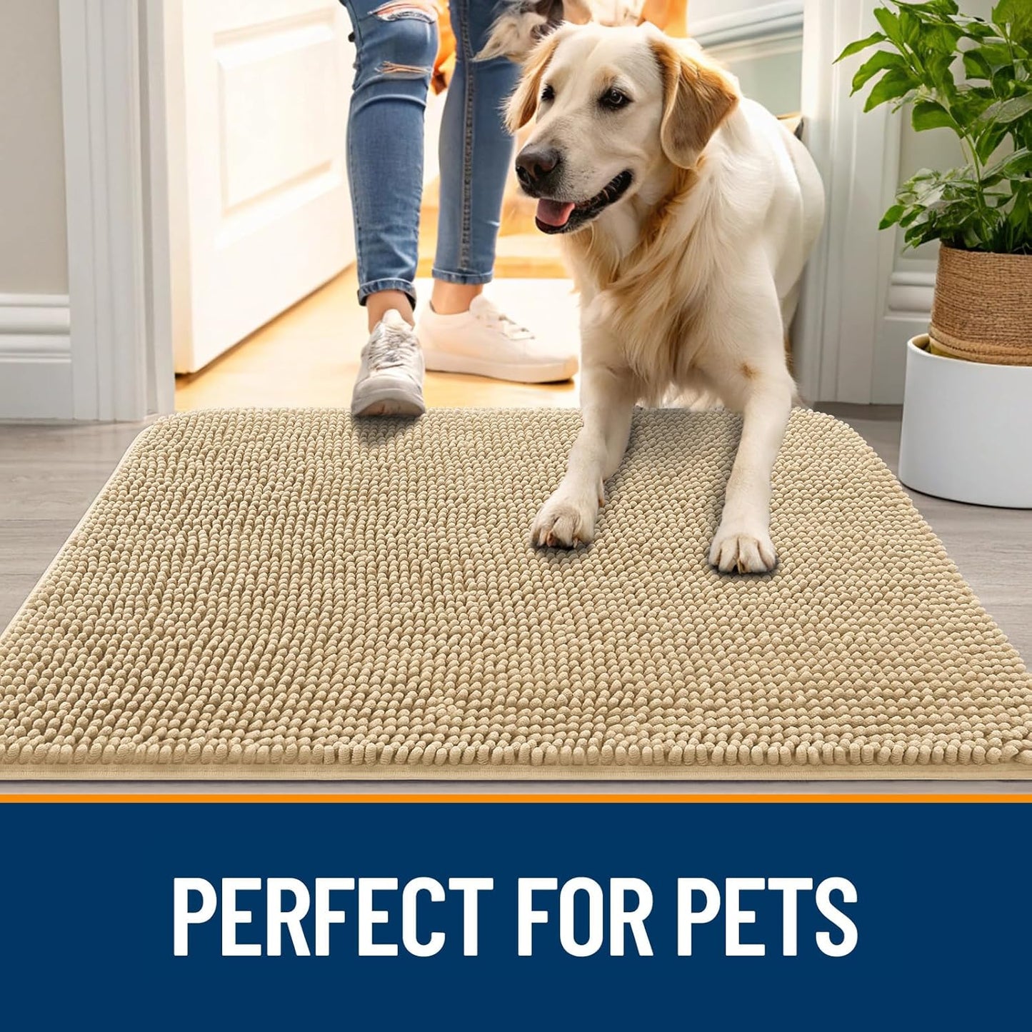 OLANLY Dog Door Mat for Muddy Paws 44x32, Absorbs Moisture and Dirt, Absorbent Non-Slip Washable Doormat, Quick Dry Chenille Mud Mat for Dogs, Entry Indoor Entryway Carpet for Inside Floor, Beige
