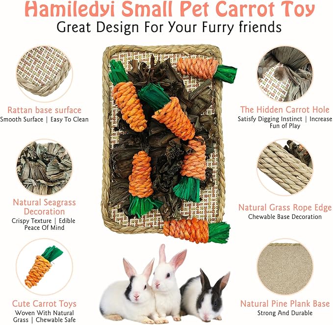 Hamiledyi Pet Fun Bunny Chew Toy Rattan Grass Scratcher Rabbit Enrichment Climbing Play Carrot Digging Toys for Bunnies Rabbits Guinea Pigs Parrots Ferret Hedgehog Squirrel and Other Rodents