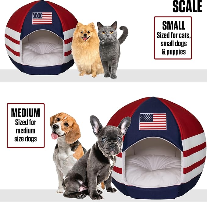 Maccabi Art US Country Dog Bed - Sports Themed Pet Bed - Fits Small Dogs, Puppies, Cats - Pillow Insert with Plush Lined Interrior, Non-Slip Igloo Design - 16 x 18 x 16