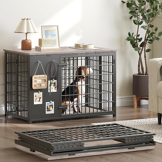 Foldable Dog Crate Furniture, Dog Crate with DIY Frame, Heavy Duty Dog Kennel Indoor with Hooks, Wooden Dog Cage End Table, for Small/Medium Dogs, Greige DC95BG