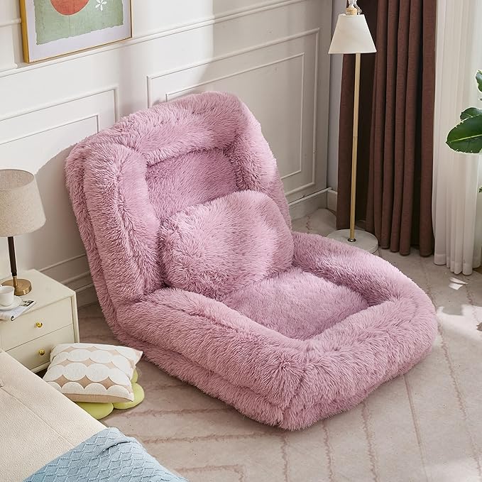 Human Dog Bed for Adult and Kids, Comfy Foldable Lazy Floor Sofa Bed with 5 Adjustable Position, Pink Upholstered Floor Bean Bag Lounger Chair for Bedroom, Living Room,Office (Pink)