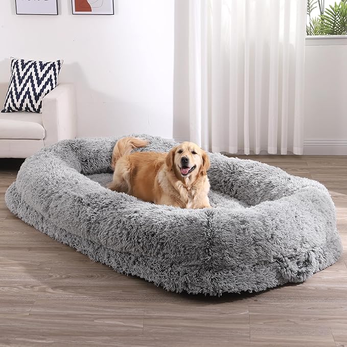 DWVO Human Dog Bed for Adult, 79" L X 43" W Large Human Size Dog Bed with Blanket and Pillow, Removable Cover, Grey