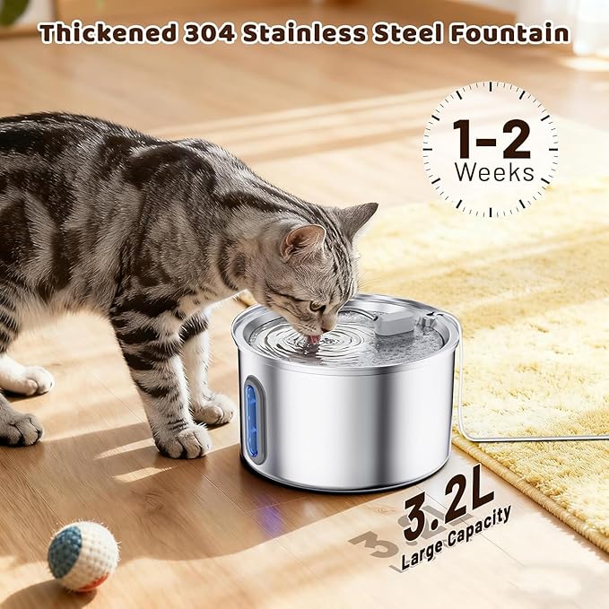 Cat Water Fountain Stainless Steel, 3.2L Cat Fountains for Drinking with Smart Quiet Pump and Water Level Window, Easy-to-Clean Automatic Pet Water Dispenser (3.2L Fountain with 12 Filters)