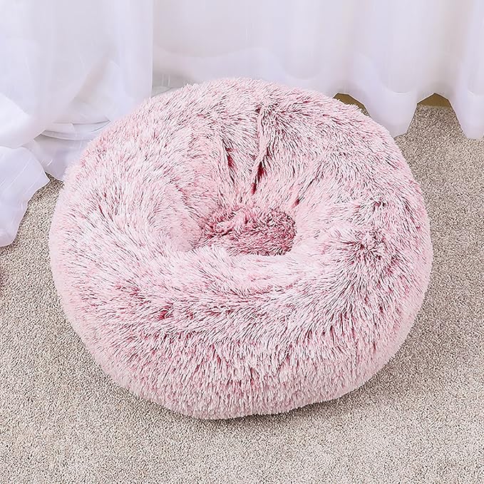 Calming Dog Bed for Small Dogs, Calming Donut Cuddler Pet Bed Anti Anxiety Round Dog Bed Fluffy Plush Faux Fur Cat Bed,Pink,23.6IN