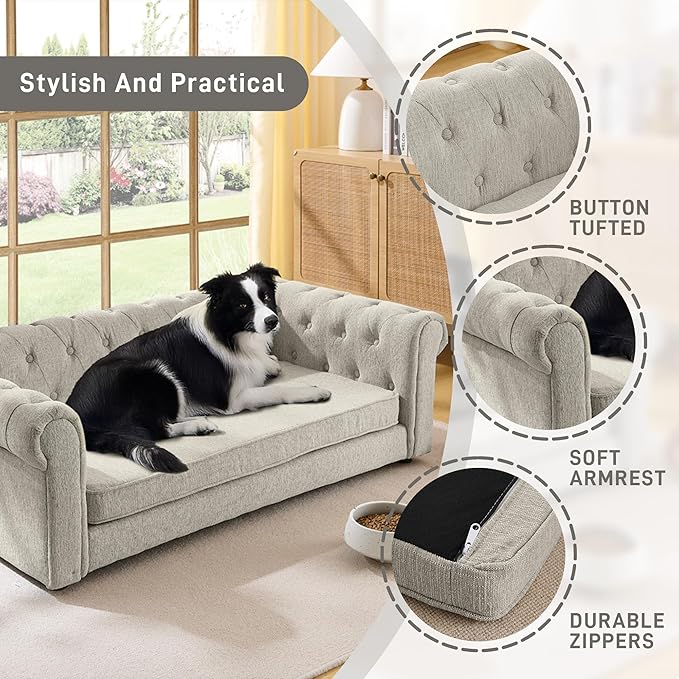 Dog Sofa Couch for Medium and Large Dogs, Memory Foam Dog Sofa Couch with Washable Fabric, Durable Elevated Pet Bed with Legs, Removable Cushion for Medium to Large Dogs, Beige