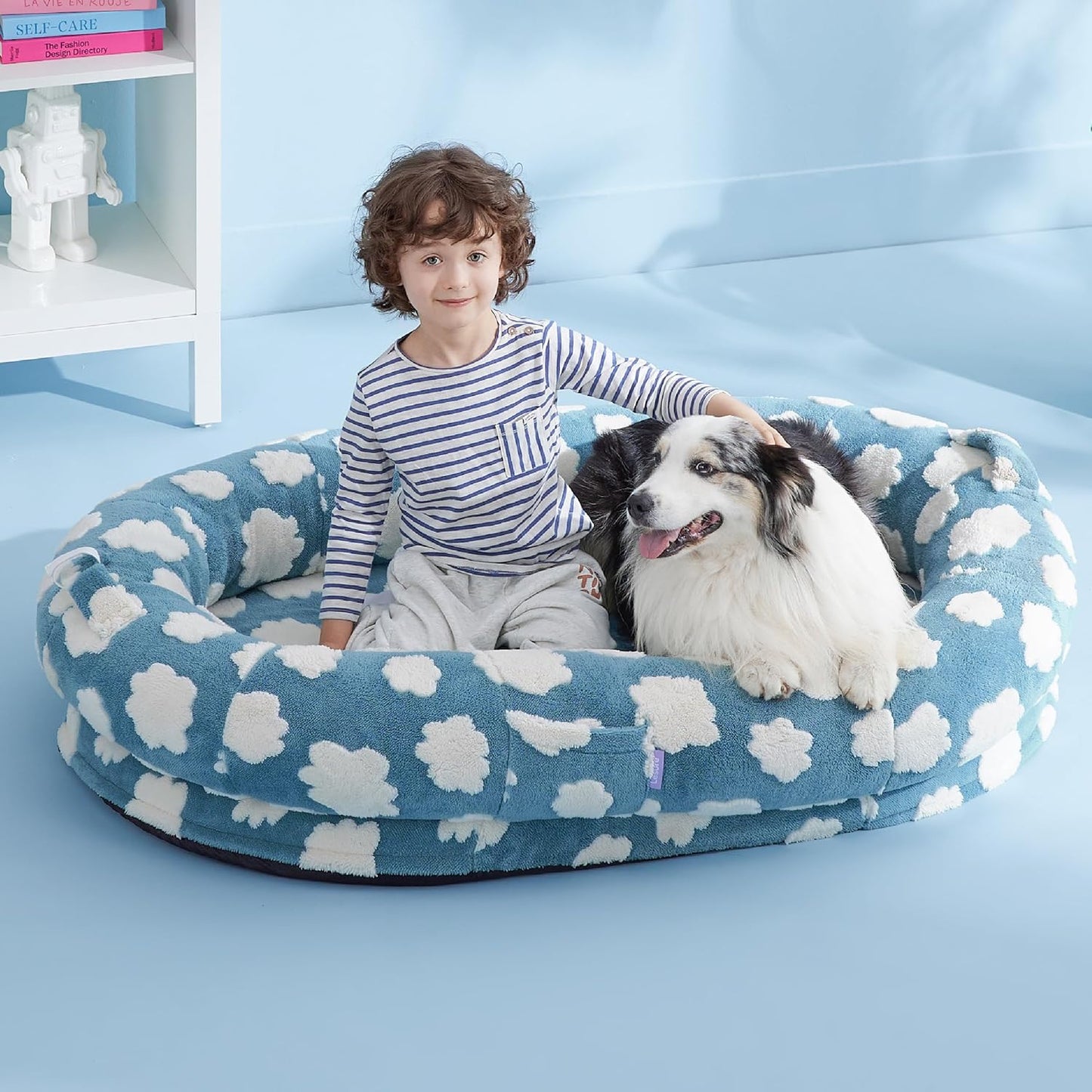 Lesure Human Dog Bed for Adult - Calming Human Size Dog Bed with Egg Foam Supportive Mat and Storage Pocket, Cute Modern Pet Beds with Jacquard Shaggy Plush & Anti Slip Bottom 55x37x10, Blue