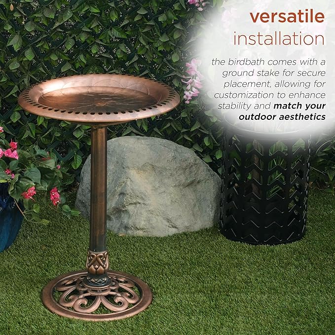 Alpine Corporation | 28" Bronze Outdoor Pedestal Birdbath with Scrollwork Base and Ground Stakes — Elegant Garden Décor, Durable Weather-Resistant Design for Lawn, Patio, or Yard