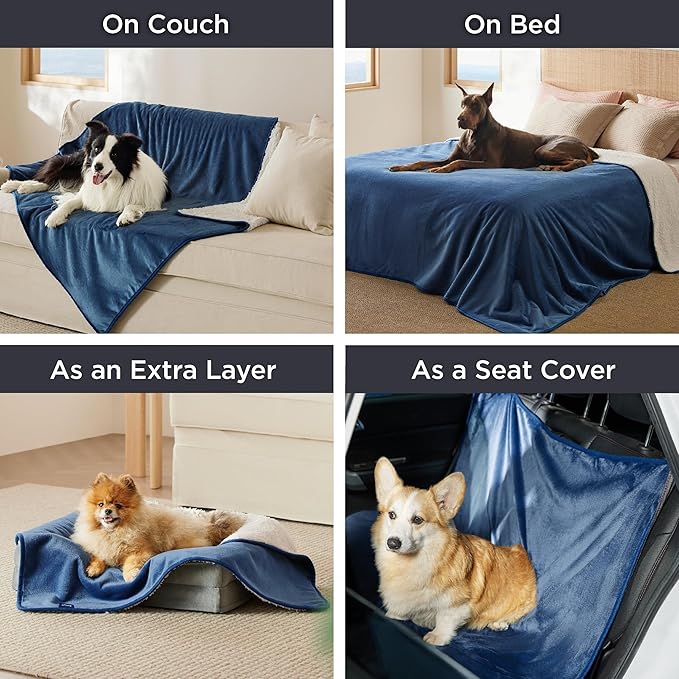 Bedsure Cat Blanket for Indoor Cats - Waterproof Calming Cat Blankets for Couch Protection, Sherpa Fleece Pet Blanket, Soft Plush Reversible Throw Furniture Protector, 40"x30", Blue