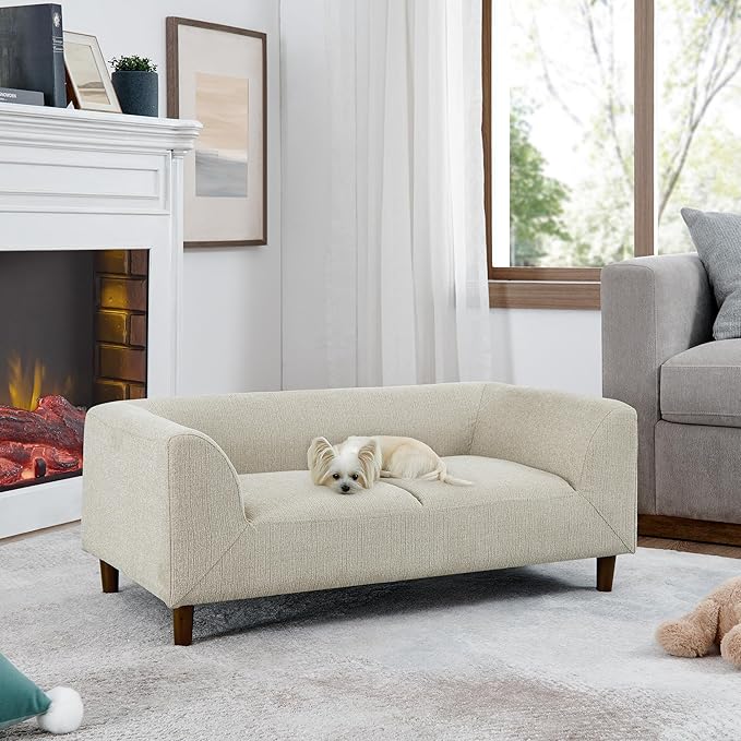 Pet Sofa with Backrest and Armrests,Modern Rectangular Pet Sofa Suitable for Small and Medium Dogs,Soft Cushion Comfortable Dog Sofa for Living Room,Beige