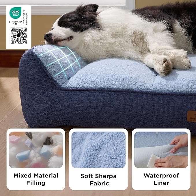 Bedsure SupportMax™ XL Orthopedic Dog Beds Large Sized Dog - Extra Thick Supportive Dogs Couch with Waterproof Washable Cover, Extra Large Comfort Pet Sofa with Soft Sherpa & Nonskid Bottom, Blue, 42"