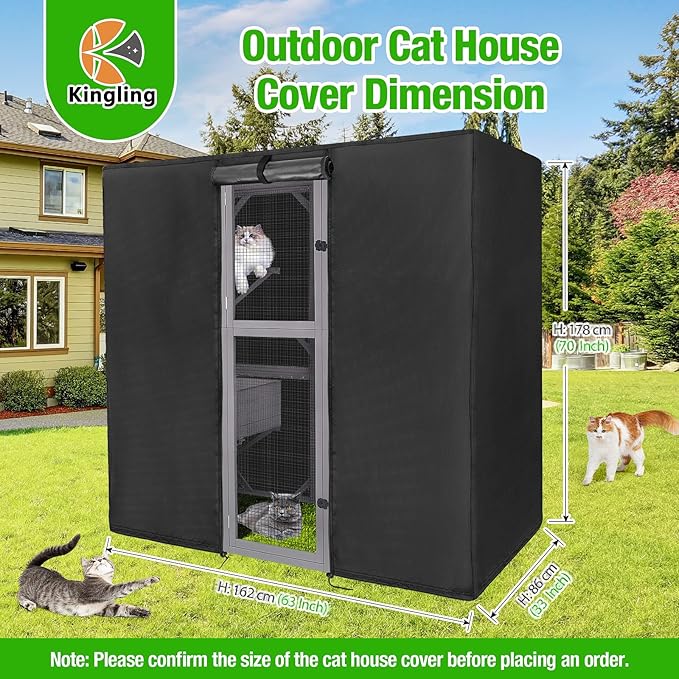 Kingling Outdoor Cat House Cover for Large Cat Catio Cat House, Universal Catio Cover Waterproof & Dustproof Pet Enclosure Cover for Cat Houses & Condos Black(Cover Only) - 63" L x 33" W x 70" H inch