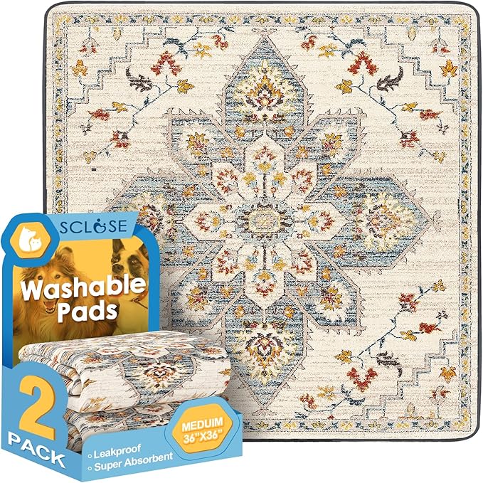 Washable Pee Pad for Dogs 2 Pack, 36" x 36" Reusable Puppy Pads Waterproof Dog Rugs, Super Absorbent, Leakproof, Dog Crate Pad, Playpen Mat, Whelping Pads, White Medallion