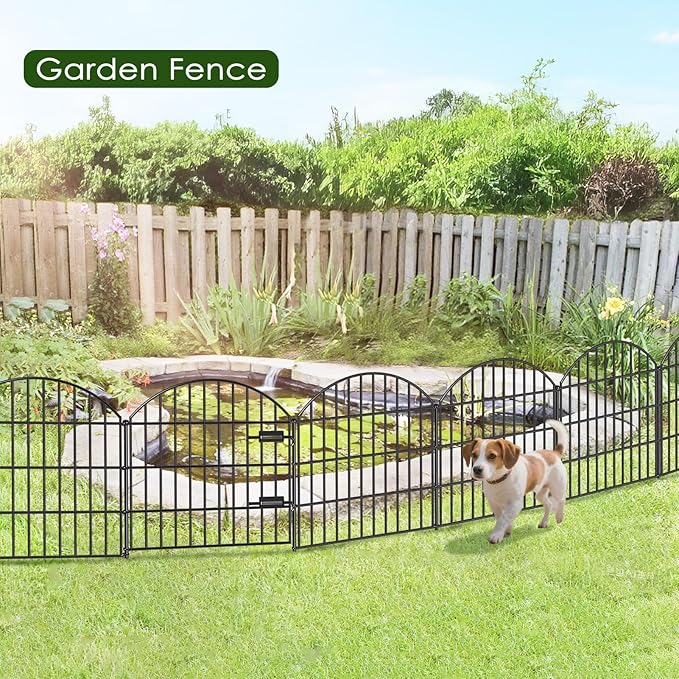 Metal Garden Fence with Gate 28in (H) x 18.7ft (L), 1 Gate + 7 Panels Dog Fence Border Fence Animal Barrier, No Dig Garden Fencing for Yard Flower Bed Lawn Patio Outdoor, ECG2829 Black