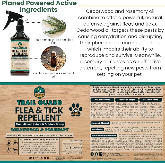 Trail Guard Natural Extra Strength Insect, Flea and Tick Spray for Dogs, Cats, People & Home (16oz (Pack of 2), Cedarwood & Rosemary)