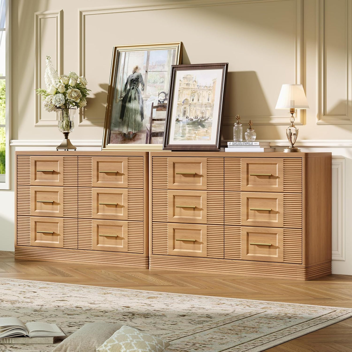 RECHHX 6 Drawer Dresser for Bedroom,Nature Oak Wooden Wide Chest of Drawers