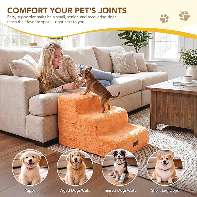 PETNOVO Ultra-Soft Rabbit Fur-Like Dog Stairs for Couch/Bed, Luxury Comfort 2-Step for Small & Senior Dogs, Non-Slip, Removable Washable Cover, Oeko-TEX Certified, 15.7" D x 15.7" Wx 11.8" H, Orange