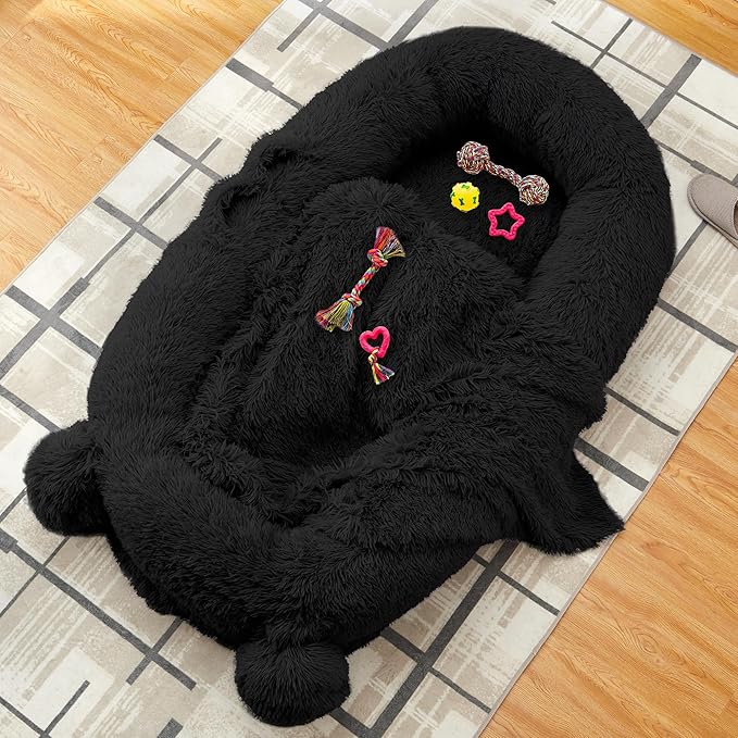 GarveeHome Human Sized Dog Bed, 71" x 45" x 12" Large Dog Bed with 2 Storage Pockets, Fluffy Faux Fur Orthopedic Pet Bean Bed for Adults & Giant Pets - Black