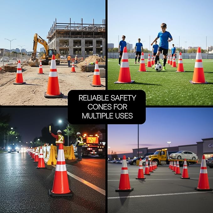 Brimar 28 Inch Traffic Cones, 12 Pack, Orange PVC Safety Cones with Black Base for Construction, Road Parking, MUTCD Approved Traffic Cones with 3M Reflective Bands, Structurally Stable Wearproof