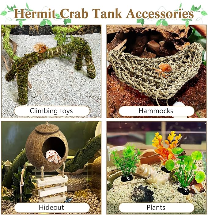 6 PCS Hermit Crab Accessories Set Small Bendable Moss Hermit Crab Climbing Toys Coconut Shell Hut with Ladder Climbing Hammock with Suction Cup Plants for Reptile Amphibian
