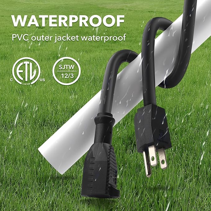 BN-LINK 15ft Outdoor Extension Cord, 15amps,12/3 SJTW Heavy Duty Power Cord, 3-Prong Grounded Plug, Weather Resistant, 1875W, Black, for Lawn, Garden, Appliances, ETL Listed