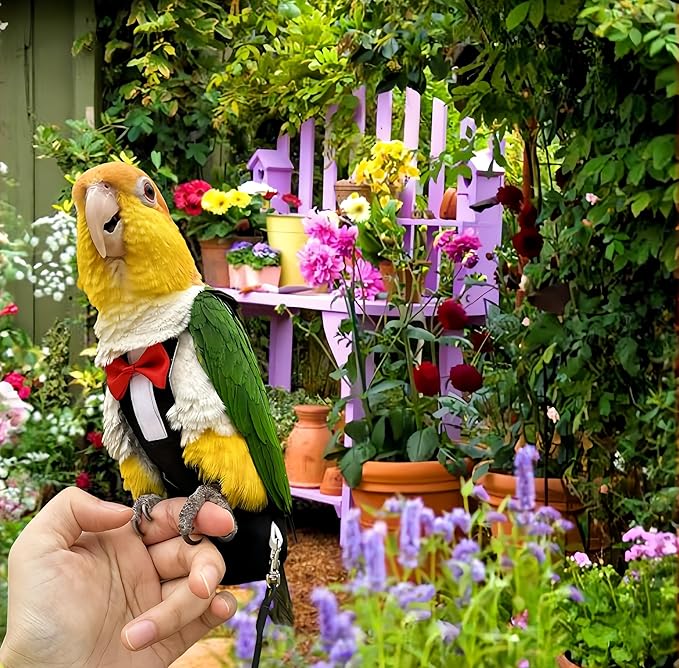 Bird Diapers Bird Harness Tuxedo Flight Suits with 80in Flying Leash Parrot Nappy with Waterproof Inner Layer Urine Wet Suite for Cockatiel Conure Parakeet Macaw Budgie-Black,XL