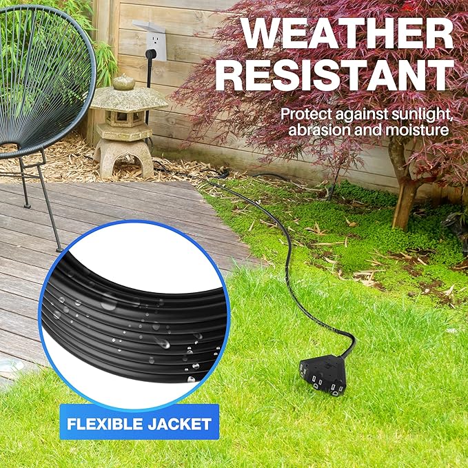 14/3 Gauge Heavy Duty Outdoor Extension Cord 15 FT, 90 Degree Angled 3 Prong Plug, 14 Gauge Power Cable with 3 Outlets, 14AWG, 15A, 125V, 1875W, ETL Listed, Black Wire, with Free Carrying Strap+Ties