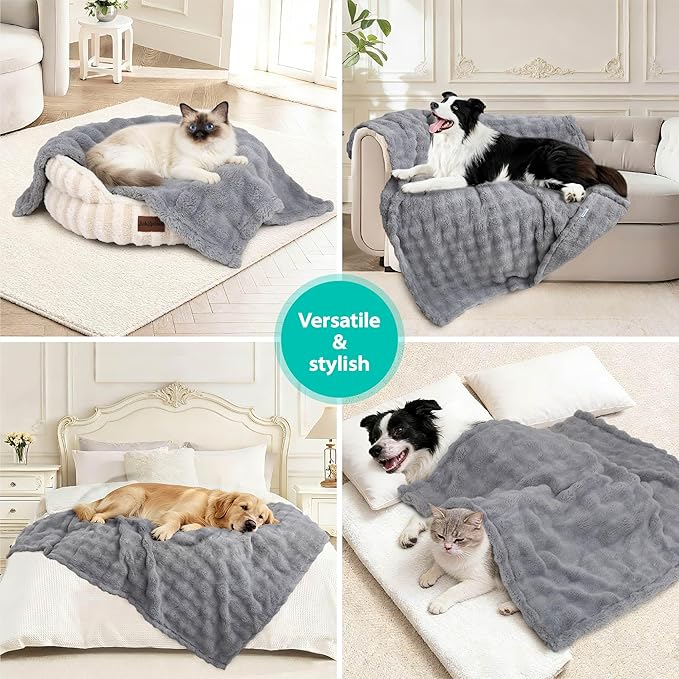 Dog Blankets Washable Pet Blanket - Fluffy Fuzzy Cat Puppy Blanket with Premium 300GSM 3D Fleece Bubble for Pet Kitten Doggy, Grey, 40x60IN