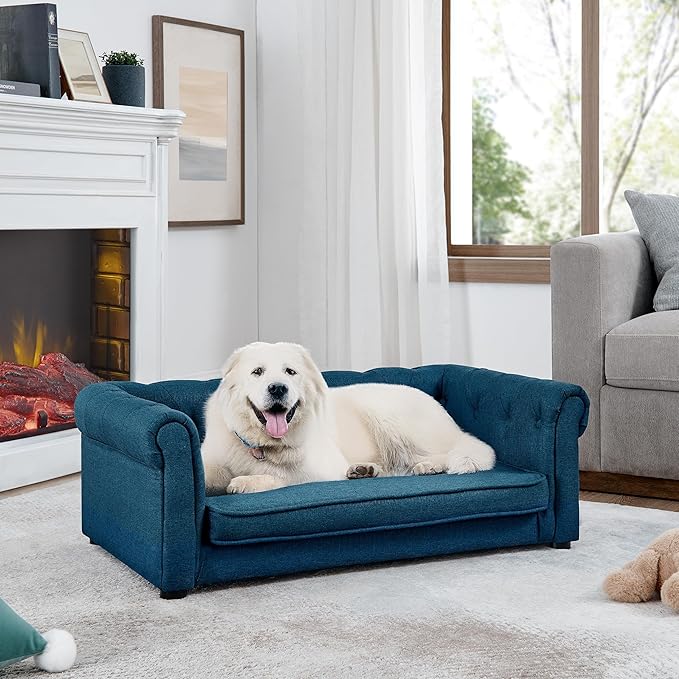 Dog Sofa Couch for Medium to Large Dogs, Memory Foam Dog Couch with Washable Fabric, Removable Cushion, Sofa Bed for Medium and Large Dogs, Blue
