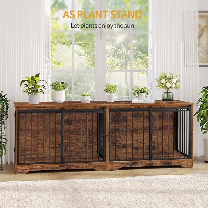 78" Dog Crate Furniture for 2 Dogs, Double Dog Cage with Divider, Wooden Heavy Duty Dogs Kennel, Pet Cage with Barn Door, TV Stand for Large Small Medium Dogs, Rustic Brown DFC83701BV1
