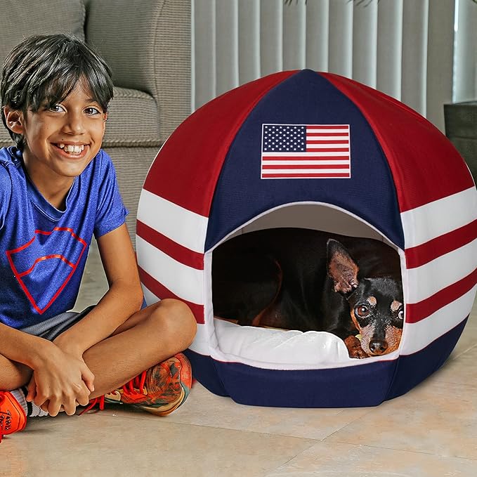 Maccabi Art US Country Dog Bed - Sports Themed Pet Bed - Fits Small Dogs, Puppies, Cats - Pillow Insert with Plush Lined Interrior, Non-Slip Igloo Design - 16 x 18 x 16
