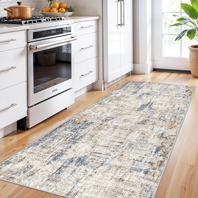 3x7 Washable Non-Slip Kitchen Runner Rug – Modern Abstract Neutral Beige & Gray