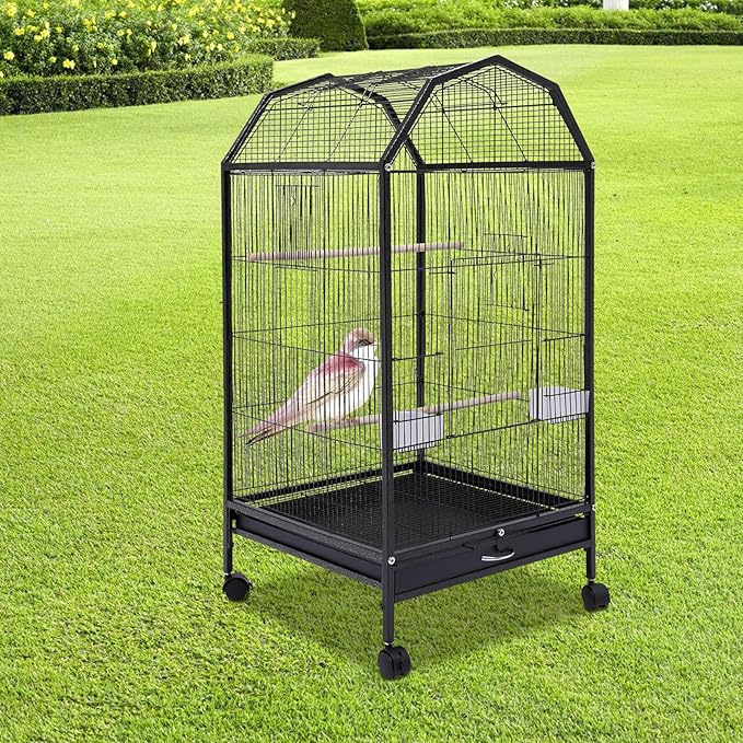 Black Wrought Bird Cage with Open-Top and Rolling Stands, 40-Inch Iron Large Bird Cage, 5 Doors Pet Birds Flight Birdcages for Mid-Sized and Small-Sized Birds