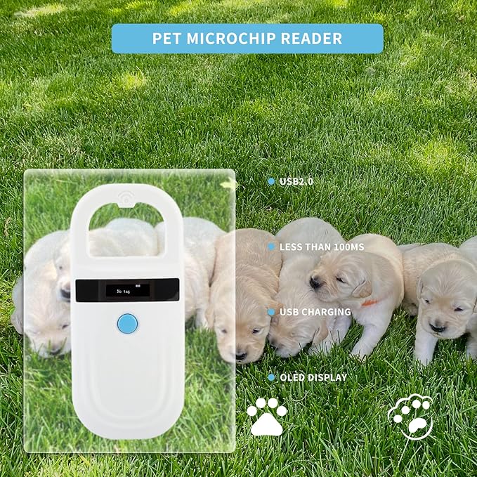 Gugxiom Pet Microchip Scanner, 134.2Khz/125Khz Pet Microchip Reader with OLED Display, Low Battery Alarm Animal Chip ID Scanner for FDX B(ISO11784/11785) and EMID microchips