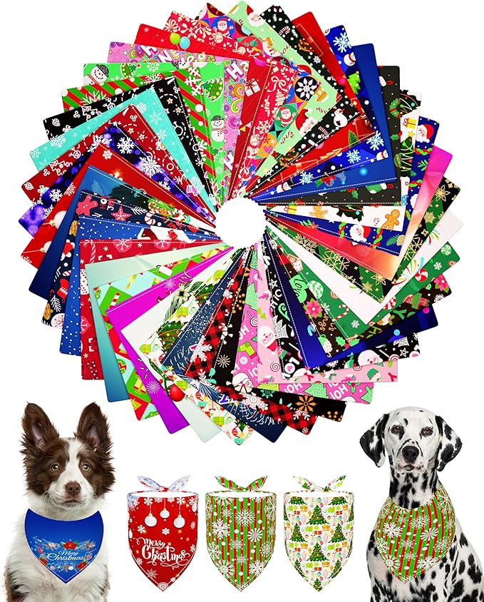 PET SHOW 50 Pack Christmas Big Dog Bandanas Bulk XL Washable Happy New Year Triangle Bibs for Medium Large Dogs Girl Boy Xmas Kerchief Set Pet Scarves Holiday Grooming Accessories